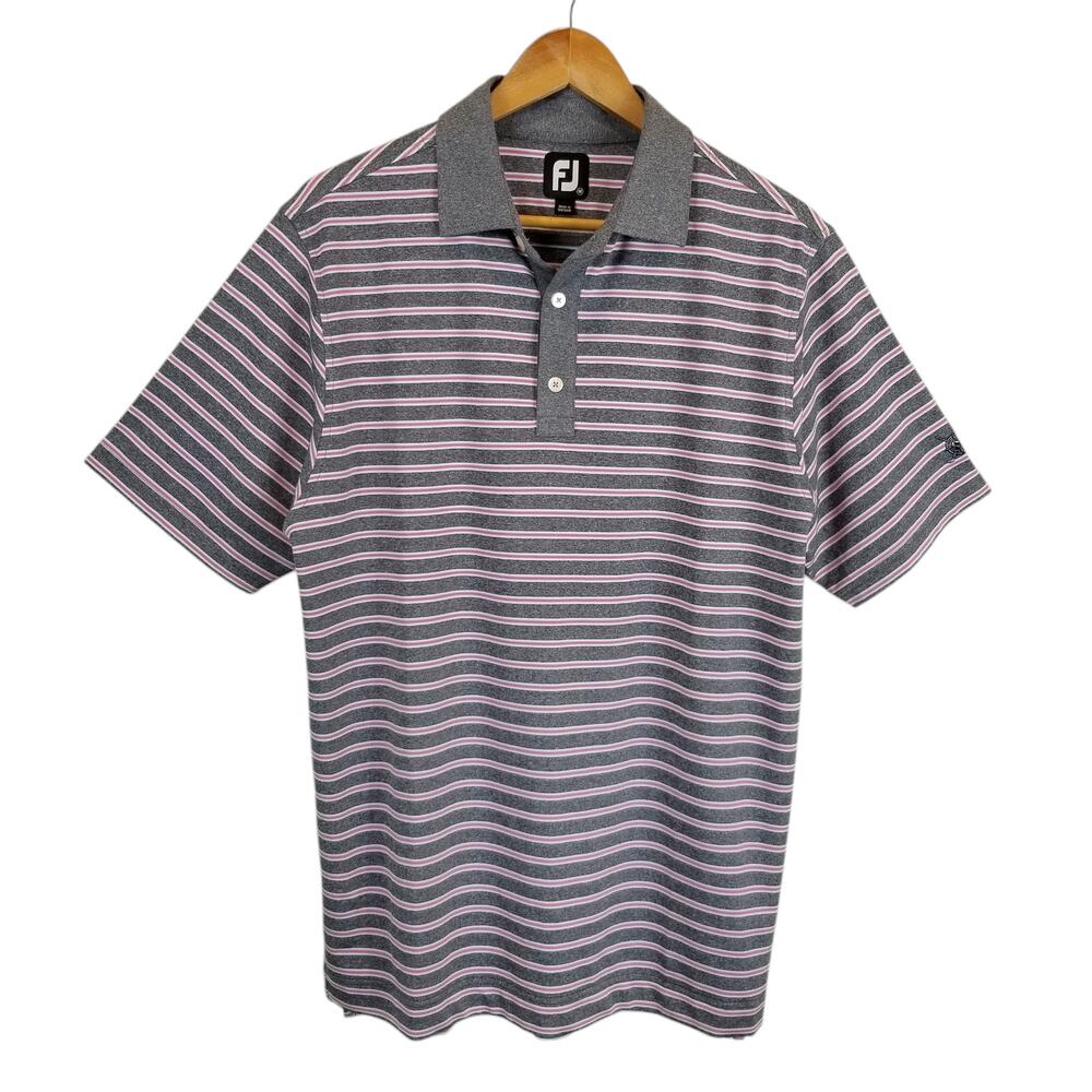 FootJoy Men's Gray White Pink Striped Golf Polo Shirt Size Medium